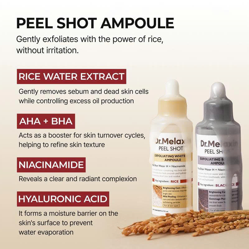 Dr.Melaxin Peel Shot Glow Rice Ampoule Duo – Gentle Exfoliator for Glowing Smooth Skin | Blackhead & Whitehead Care